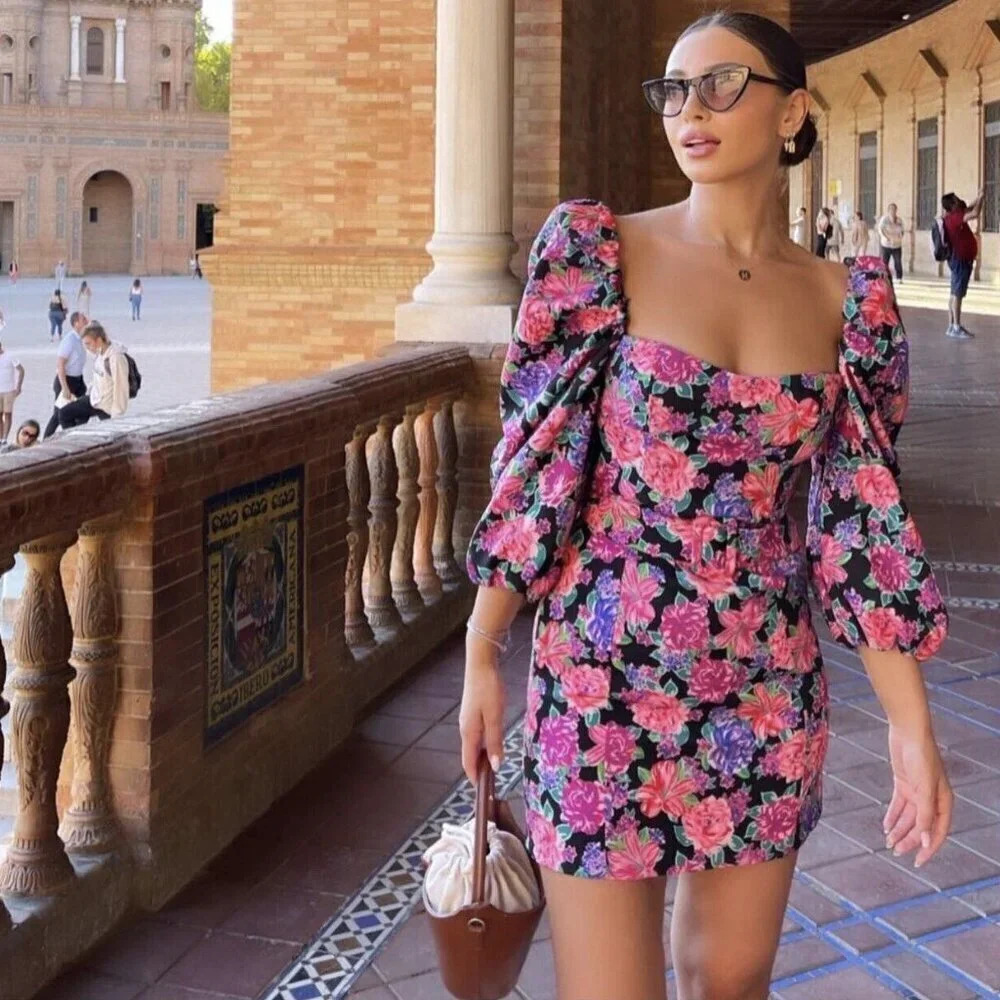 Zara Puffy Sleeve Belted Floral Mini Dress Bloggers  Fav Sz XS